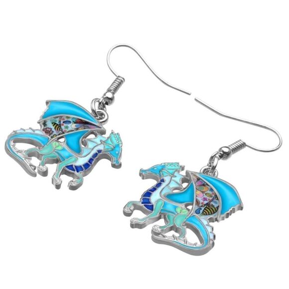 Silver and Multicolor Enamel Mythical Dragon Dangling French Wire Hook Earrings - Picture 3 of 5